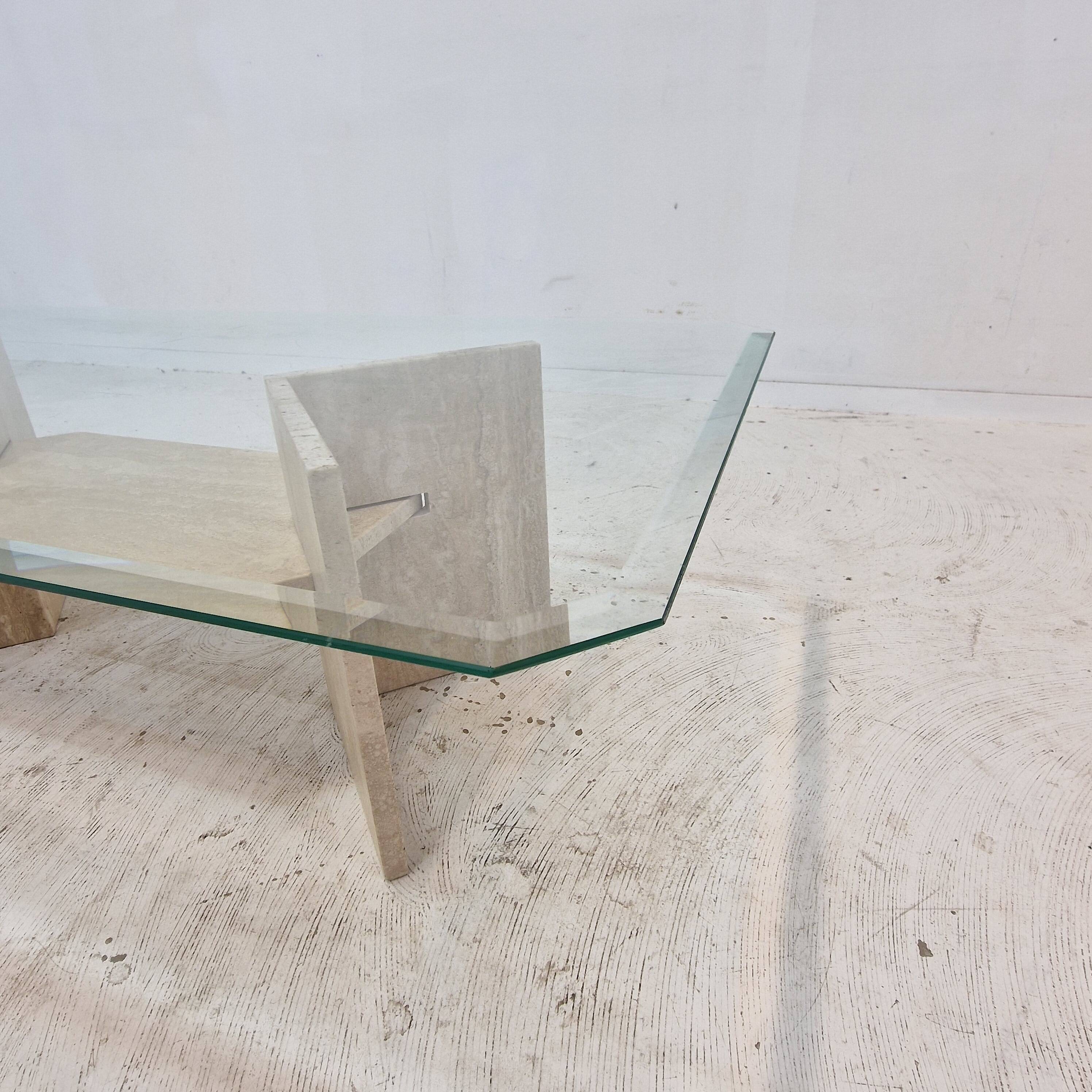 Italian Coffee Table in Travertine and Facet Cut Glass, 1980s