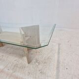 Italian Coffee Table in Travertine and Facet Cut Glass, 1980s