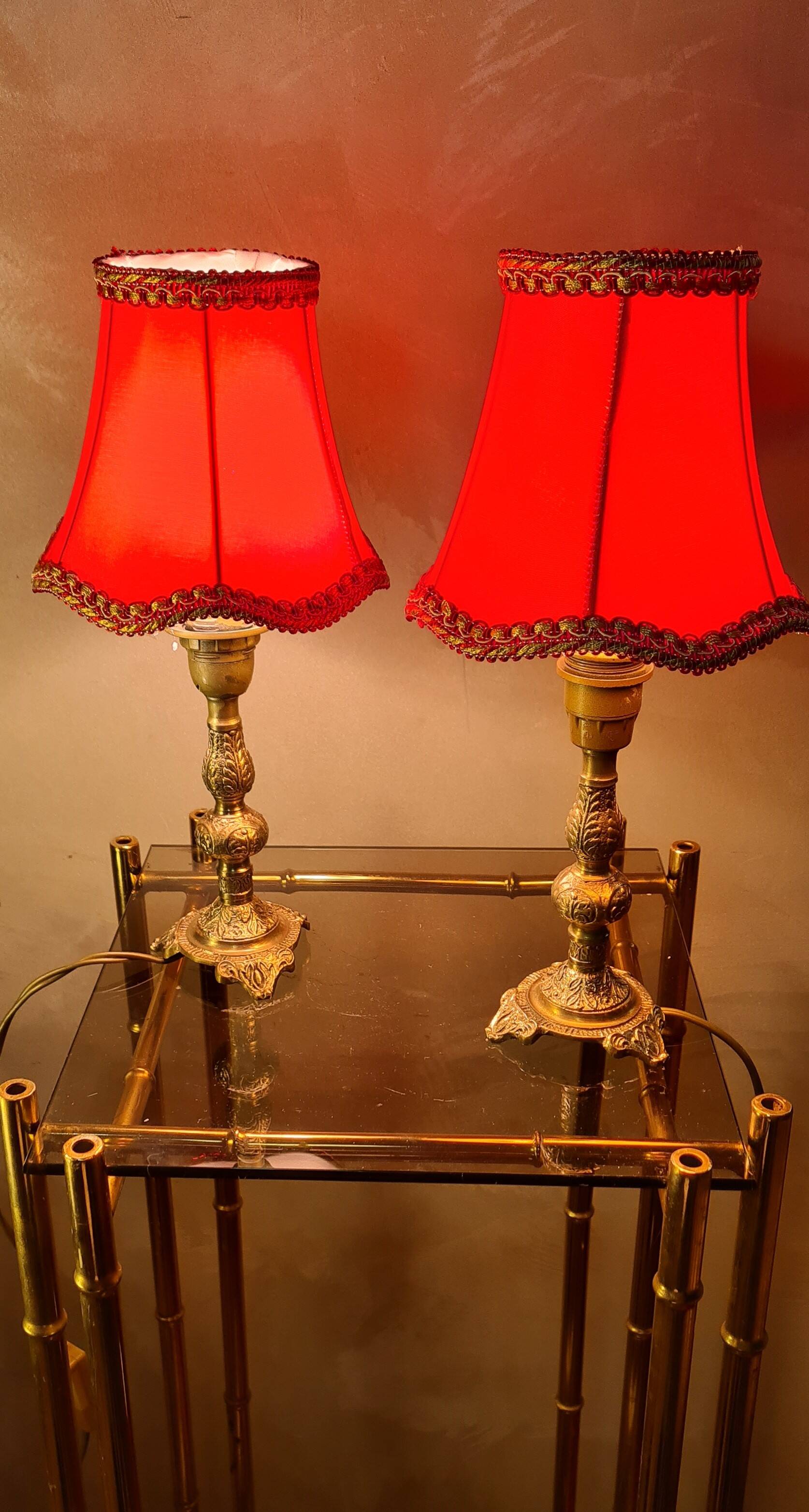 small pair of 70s bronze bedside lamps with red silk style lampshade, double, 29x14