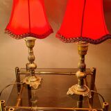 small pair of 70s bronze bedside lamps with red silk style lampshade, double, 29x14