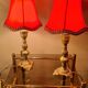 small pair of 70s bronze bedside lamps with red silk style lampshade, double, 29x14