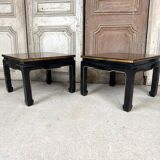 Pair of side tables in black and gold lacquer