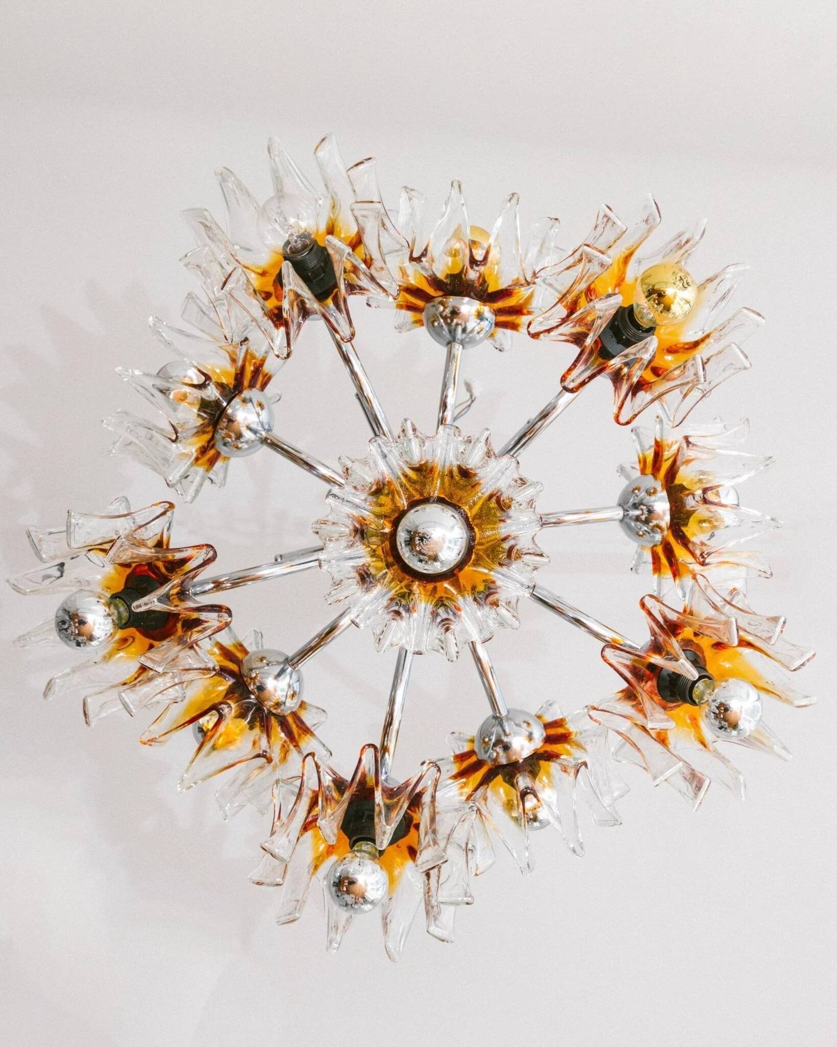 Carlo Nason Murano Glass Flower-Shades Chandelier by Mazzega - Chrome and Transparent Amber Glass, Hollywood Regency, 1970s