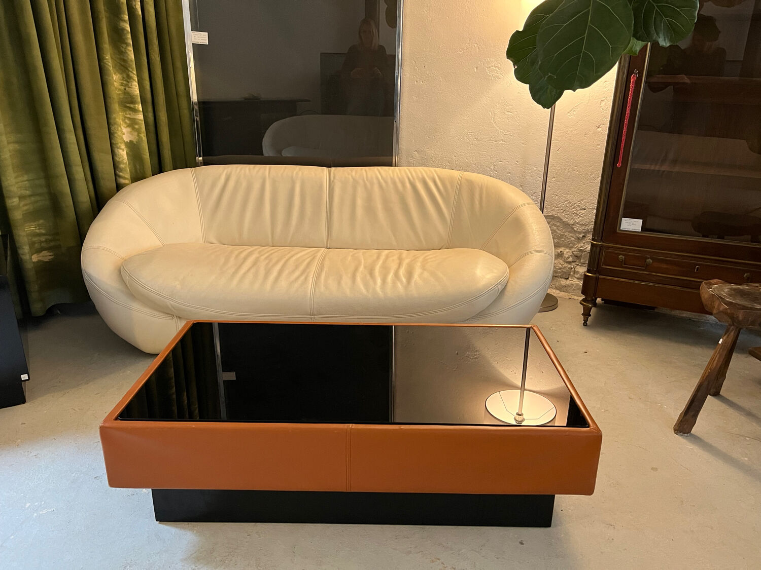 Caramel leather and black glass coffee table
