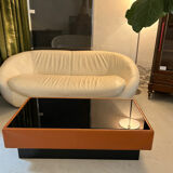 Caramel leather and black glass coffee table