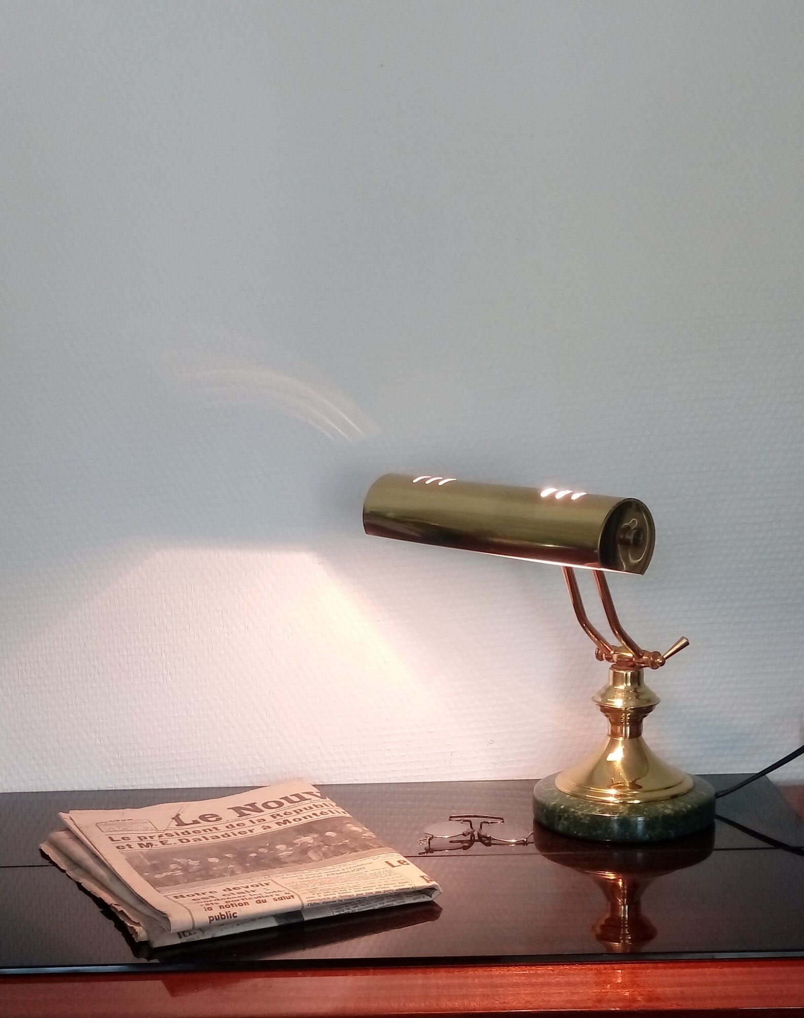 Lampe de notaire banquier ancienne laiton et marbre vert années 50 -
