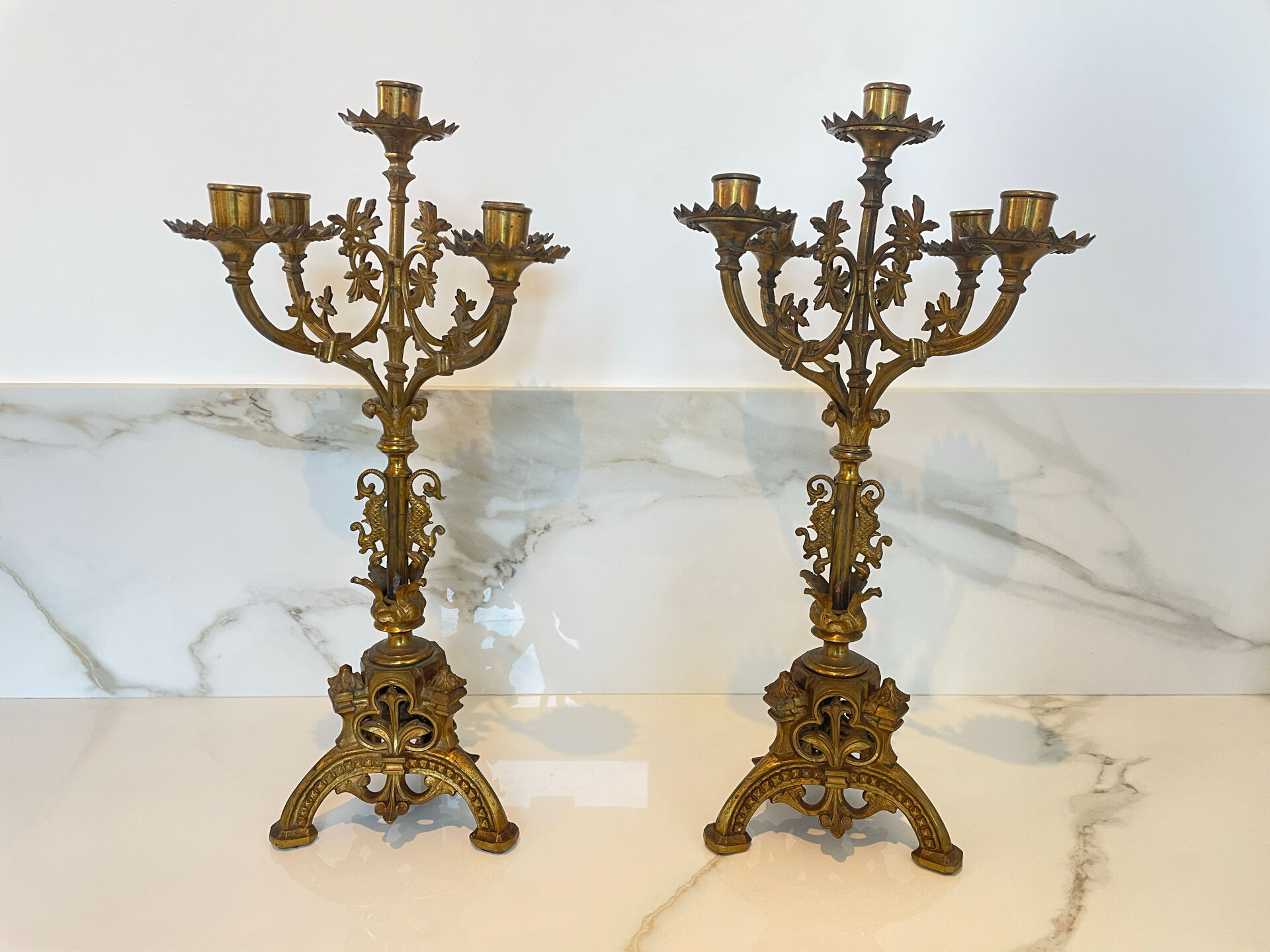 Pair of church candelabra - 19th century - in bronze and brass, 5 lights / c