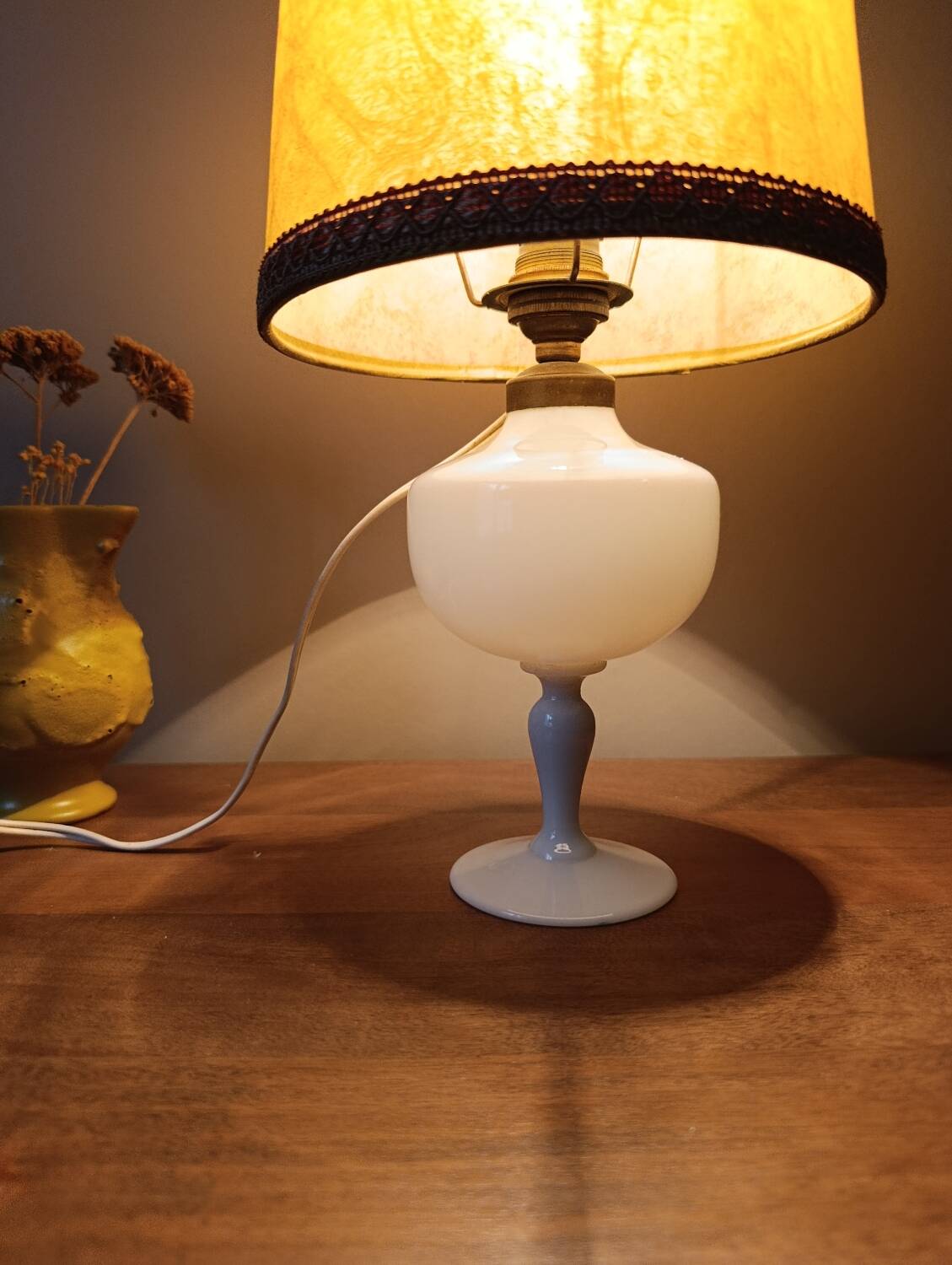 Retro white opaline table lamp, pigskin shade, 1950.