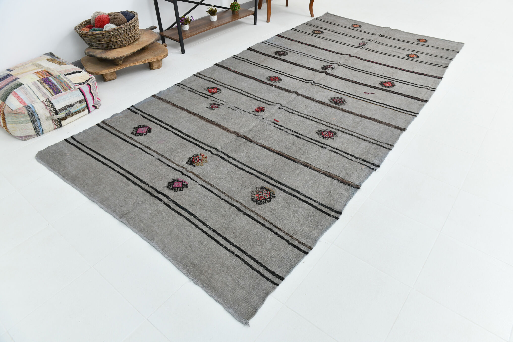 6x12 Gray & Black Modern Hemp Rug, 184x379Cm