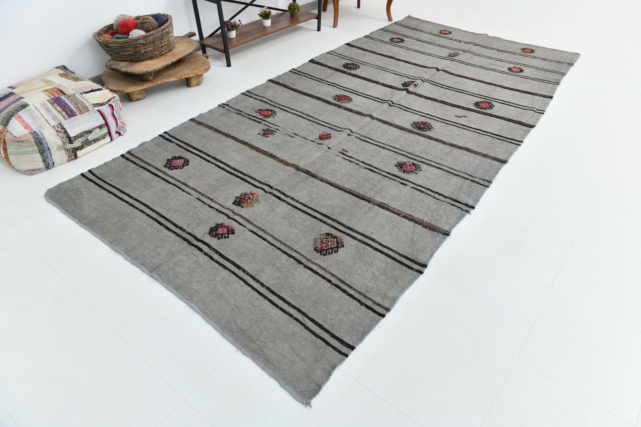 6x12 Gray & Black Modern Hemp Rug, 184x379Cm