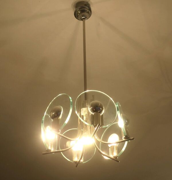 Chandelier en argent avec 6 disques en verre cristal, Italie années 1960.