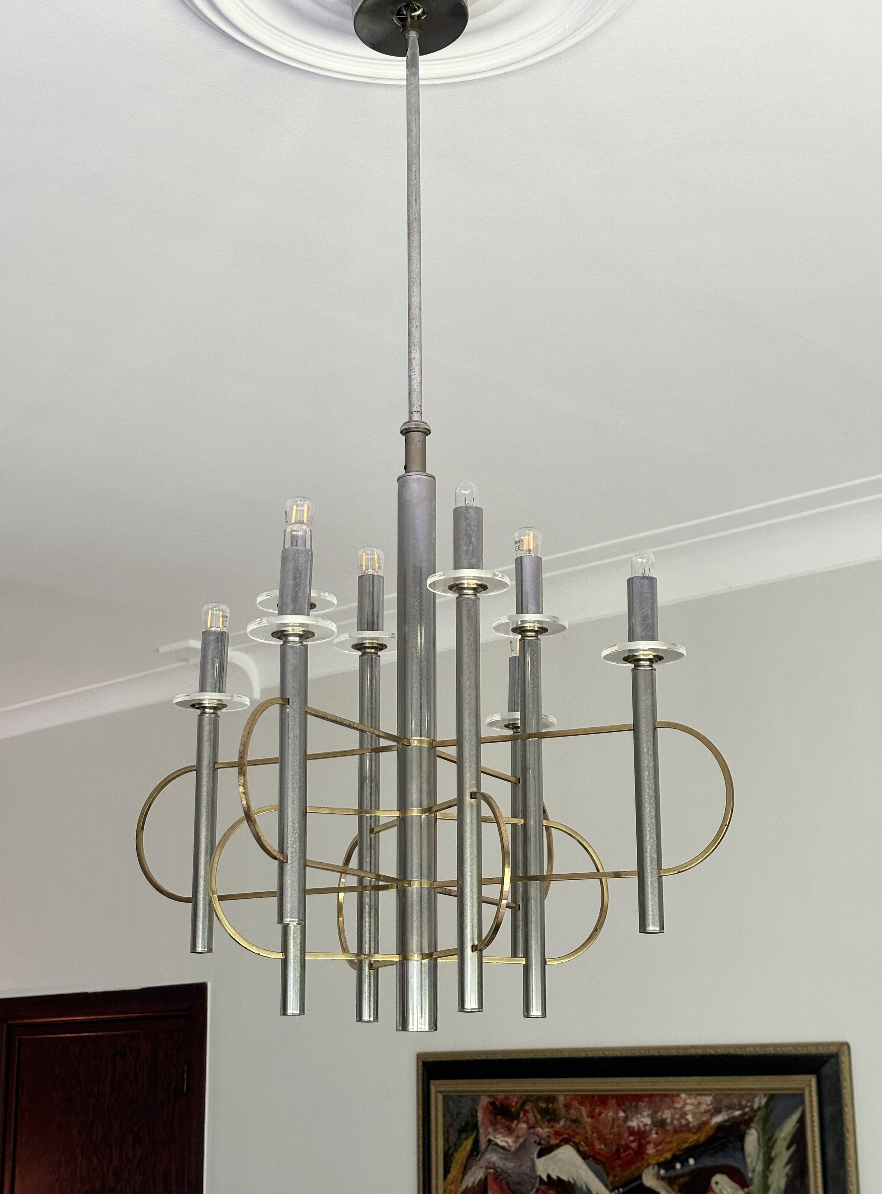 Brass and Chrome Sputnik Chandelier by Sciolari, Italy, 1960s