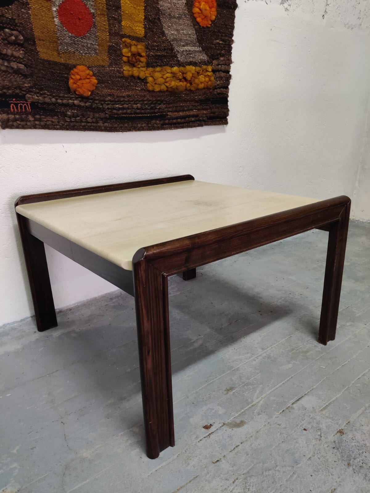 Vintage coffee table wood and travertine