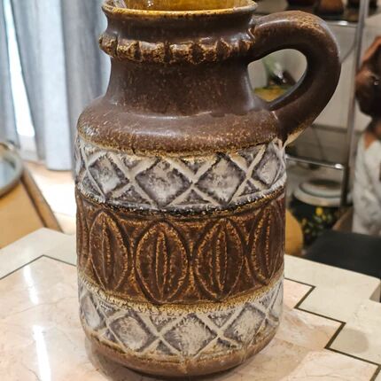 Brown and white antique jug vase with handle Bay West Germany 9325