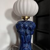 Vintage blue globe table lamp with white pleated globe