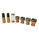 Set of 4 egg cups, salt shakers, pepper shakers and vintage wood and ceramic timer