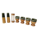 Set of 4 egg cups, salt shakers, pepper shakers and vintage wood and ceramic timer