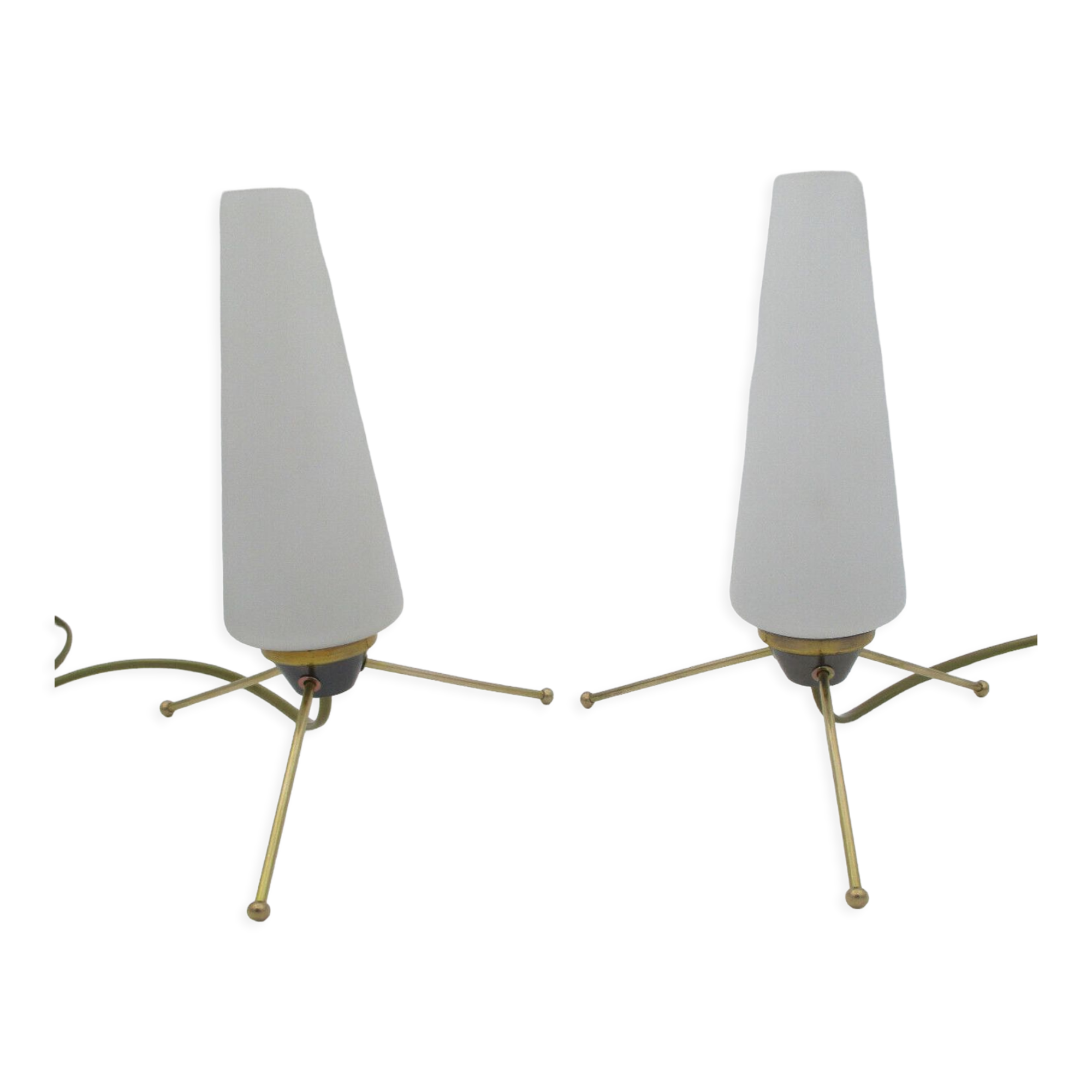Pair of vintage brass tripod lamps and opaline tulips