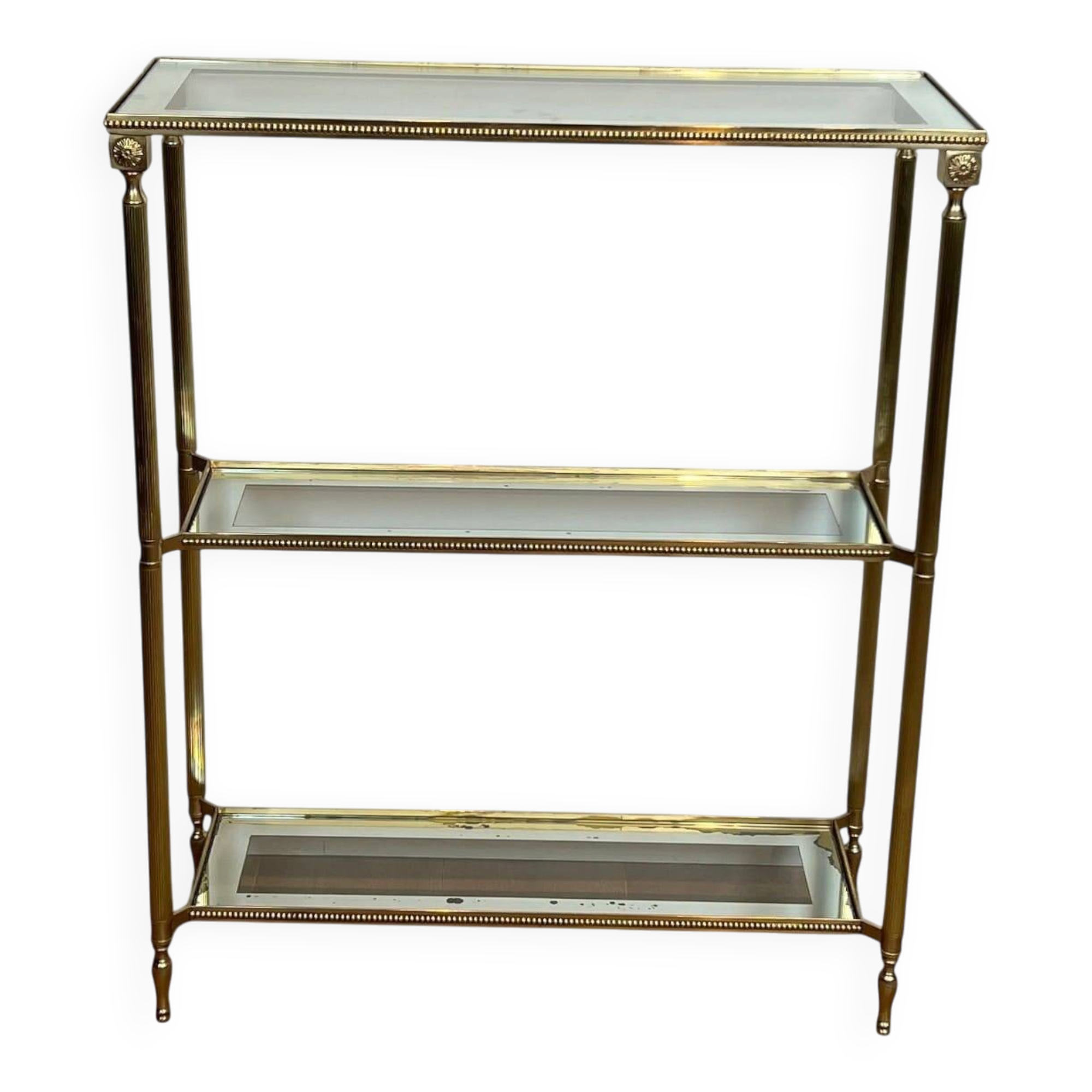 Console à Trois Plateaux en Laiton à Frise de Perles. Verre Bordé. Travail