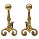 Gilded bronze andirons with rounded ball and patterns, antique fireplace accessory