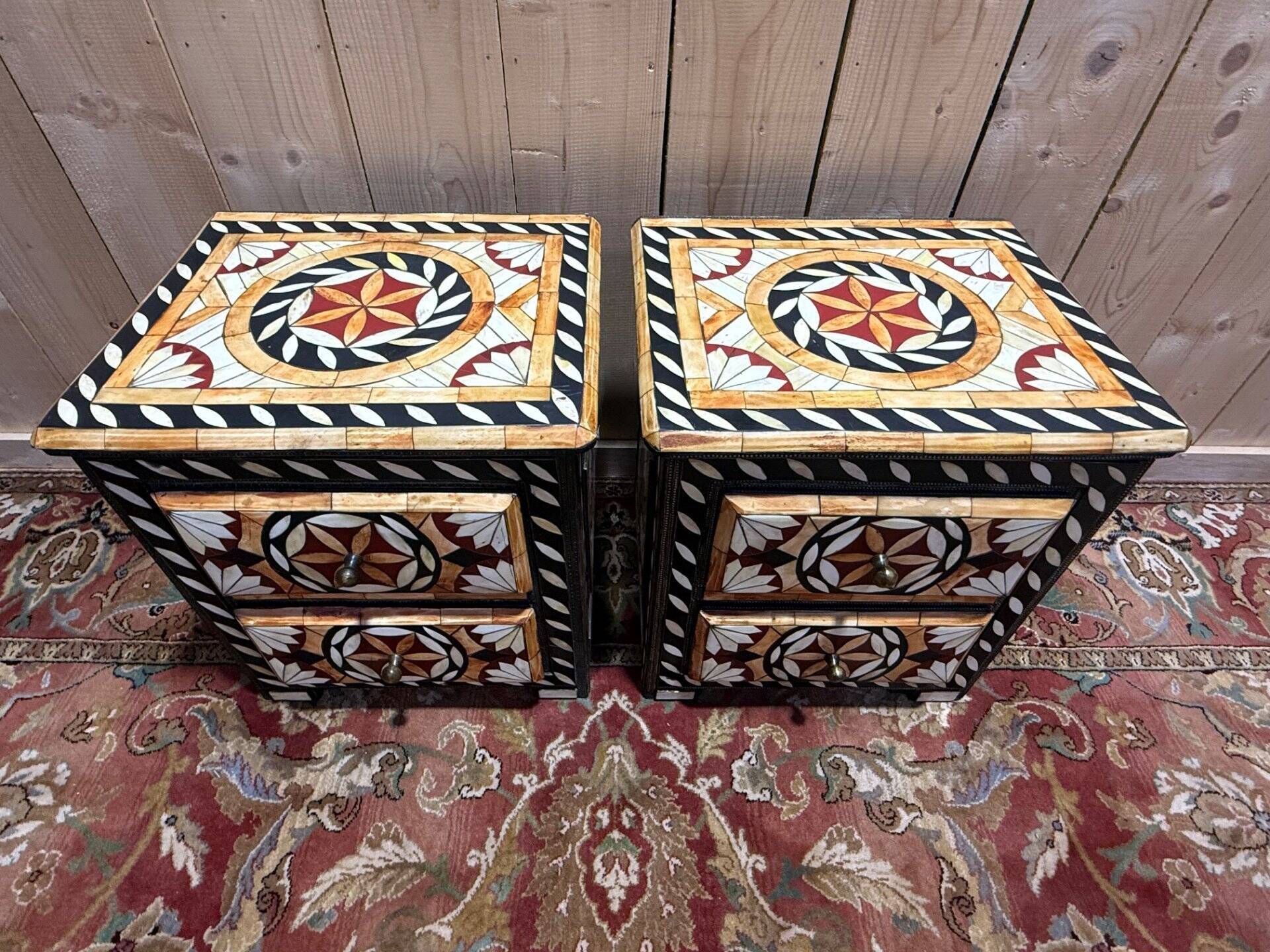 Pair of oriental bedside tables with inlays