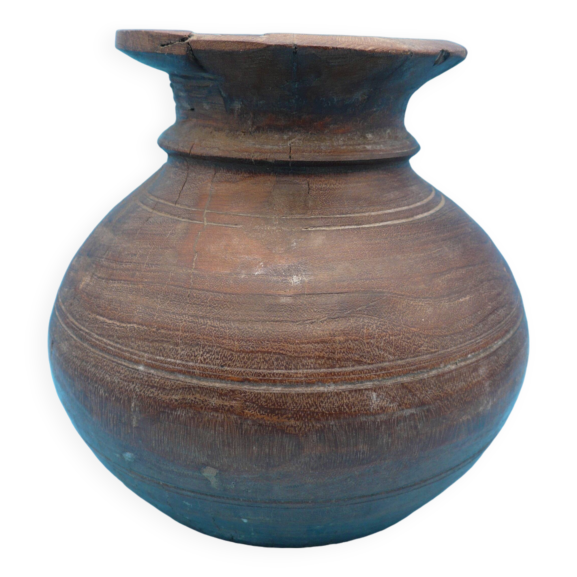 Large carved wooden pot / India