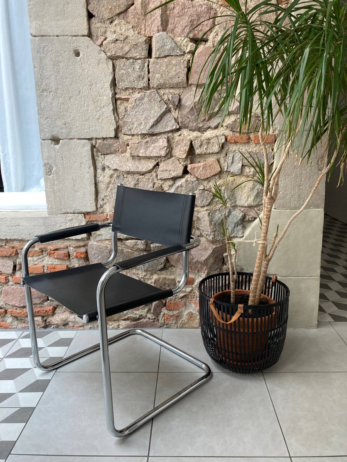 Chrome and black leather armchair type B34