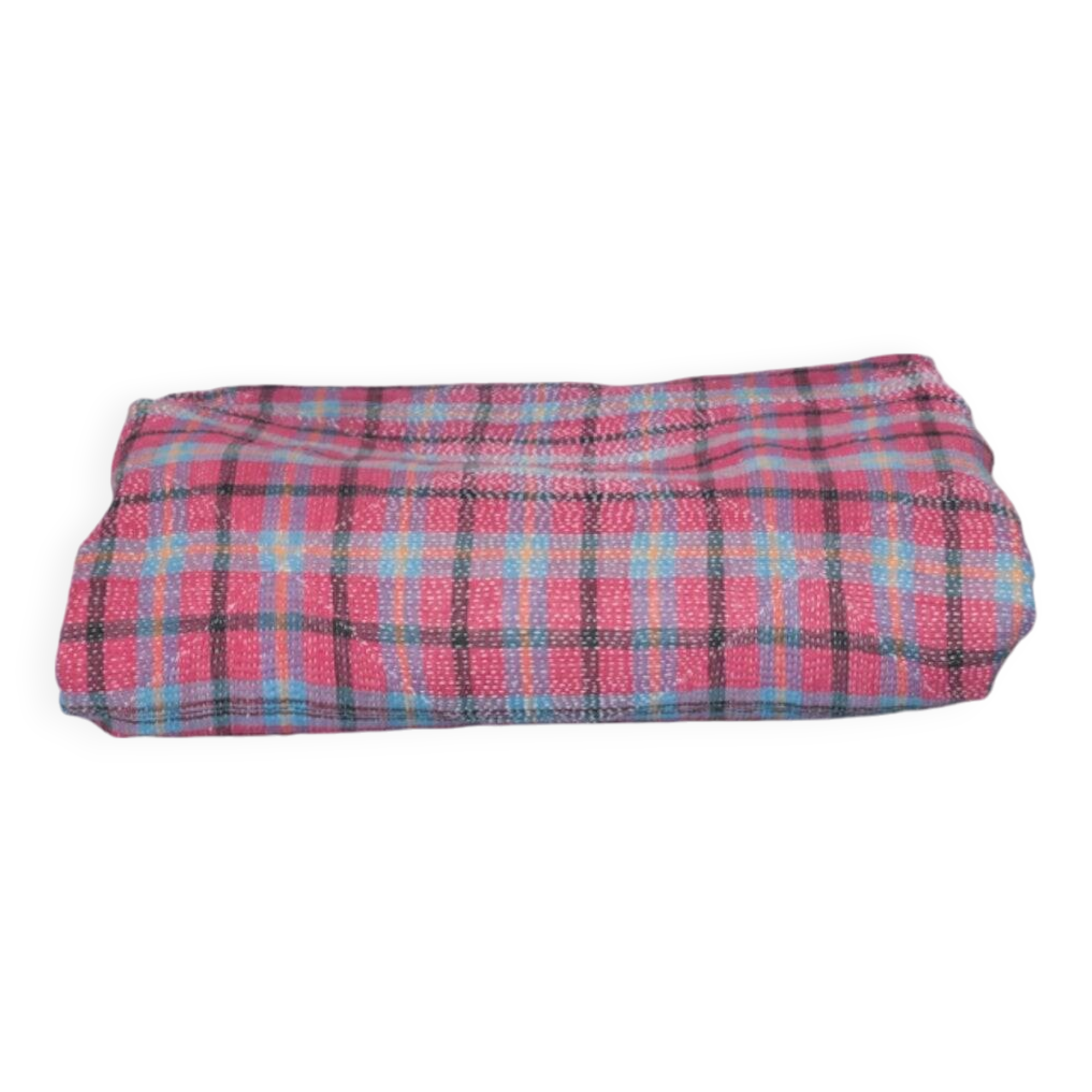 Kantha sari couvre-lit, Tartan coton recyclé brodé à la main