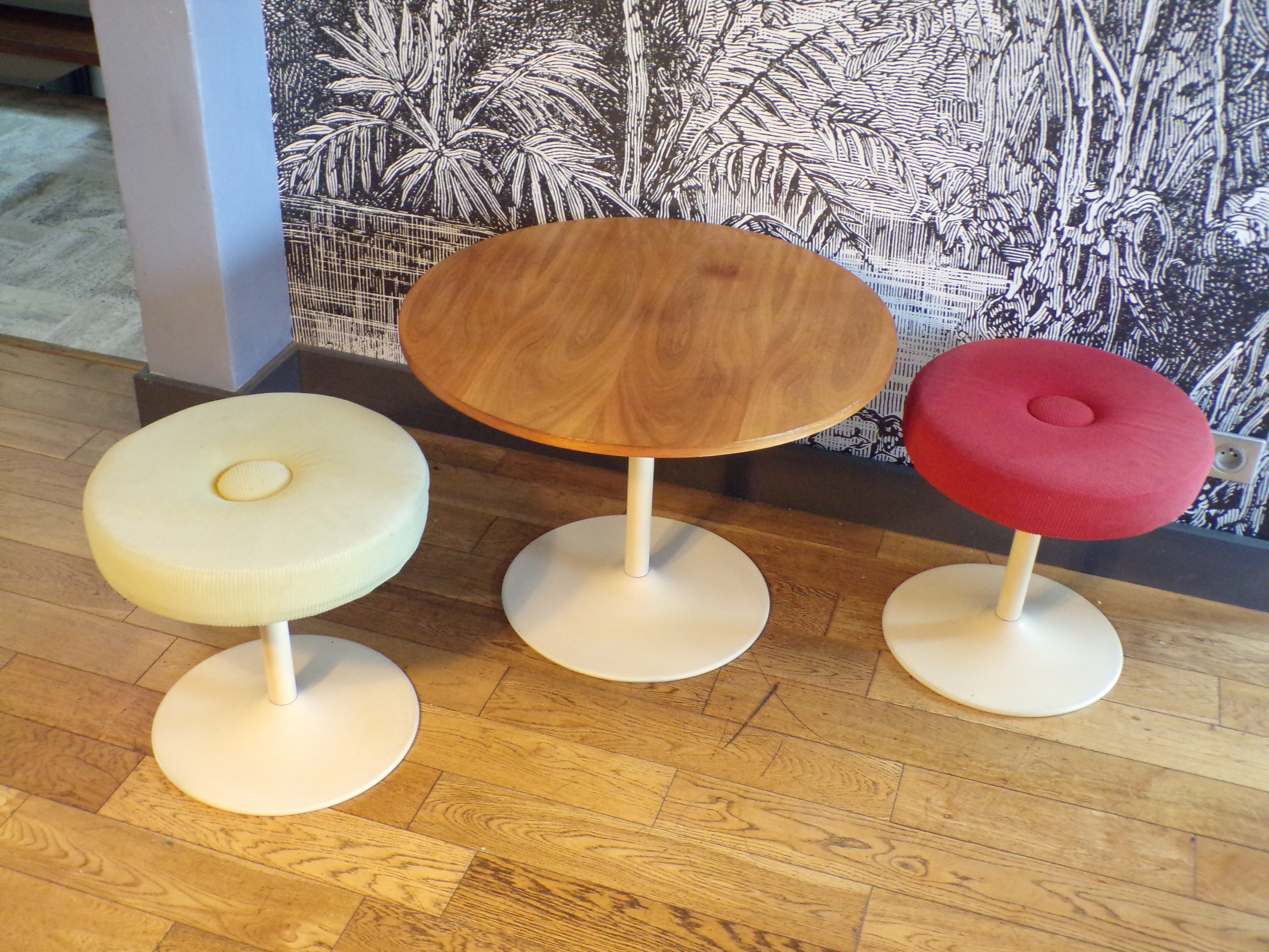 Coffee table and two tulip foot stools
