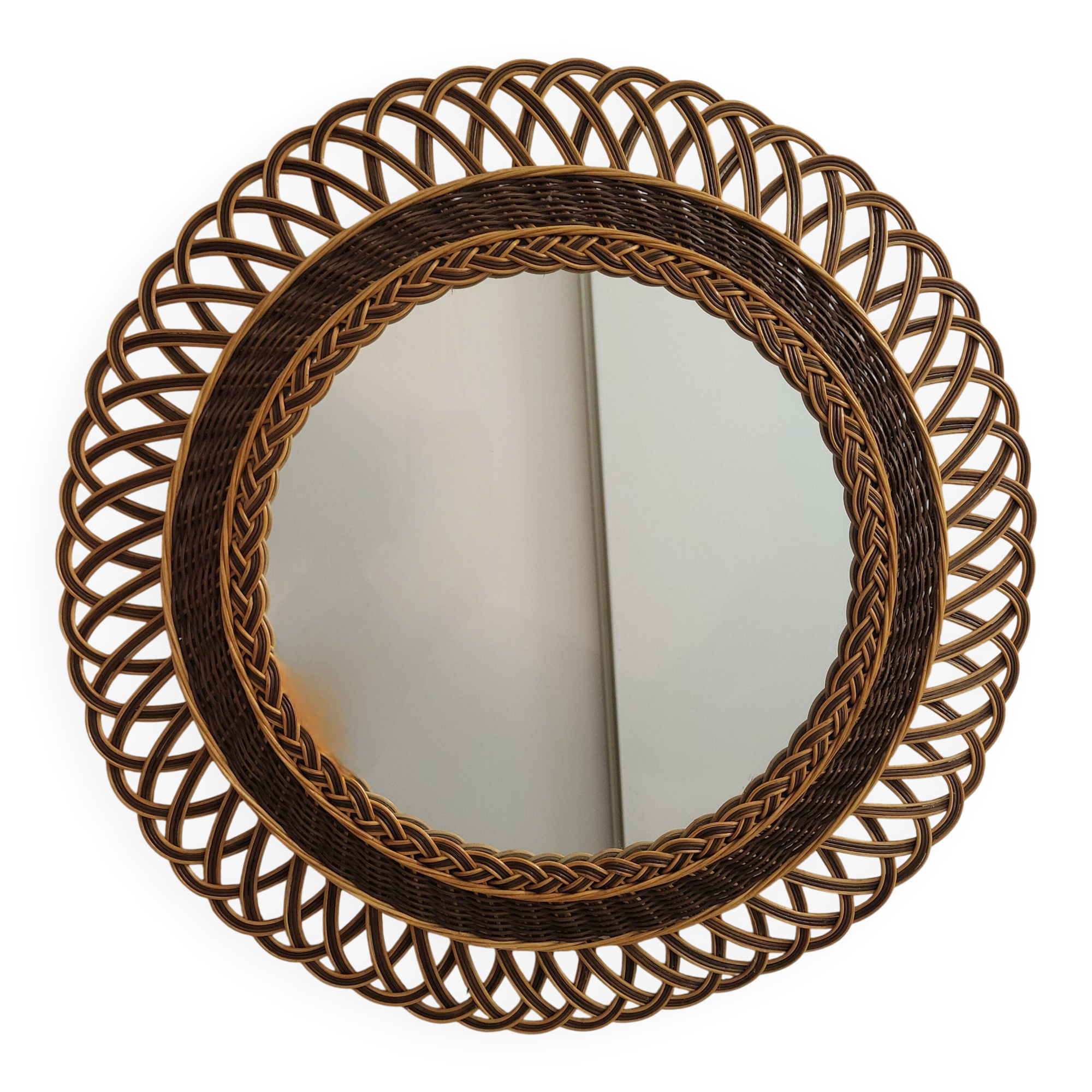 Woven rattan mirror, sunburst, vintage flower
