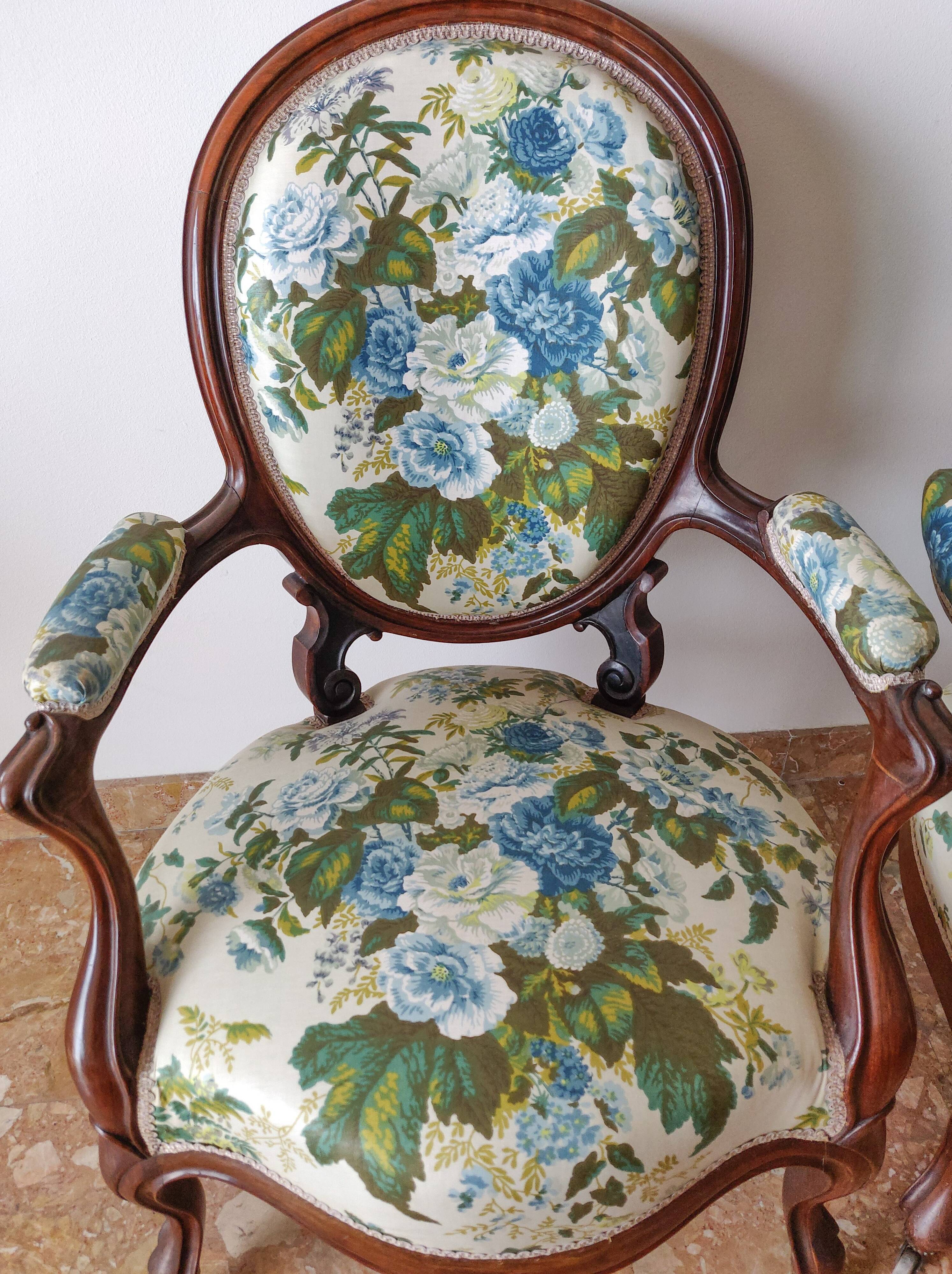 Pair armchairs Louis Philippe solid floral mahogany