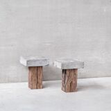 Pair of wooden and stone side tables