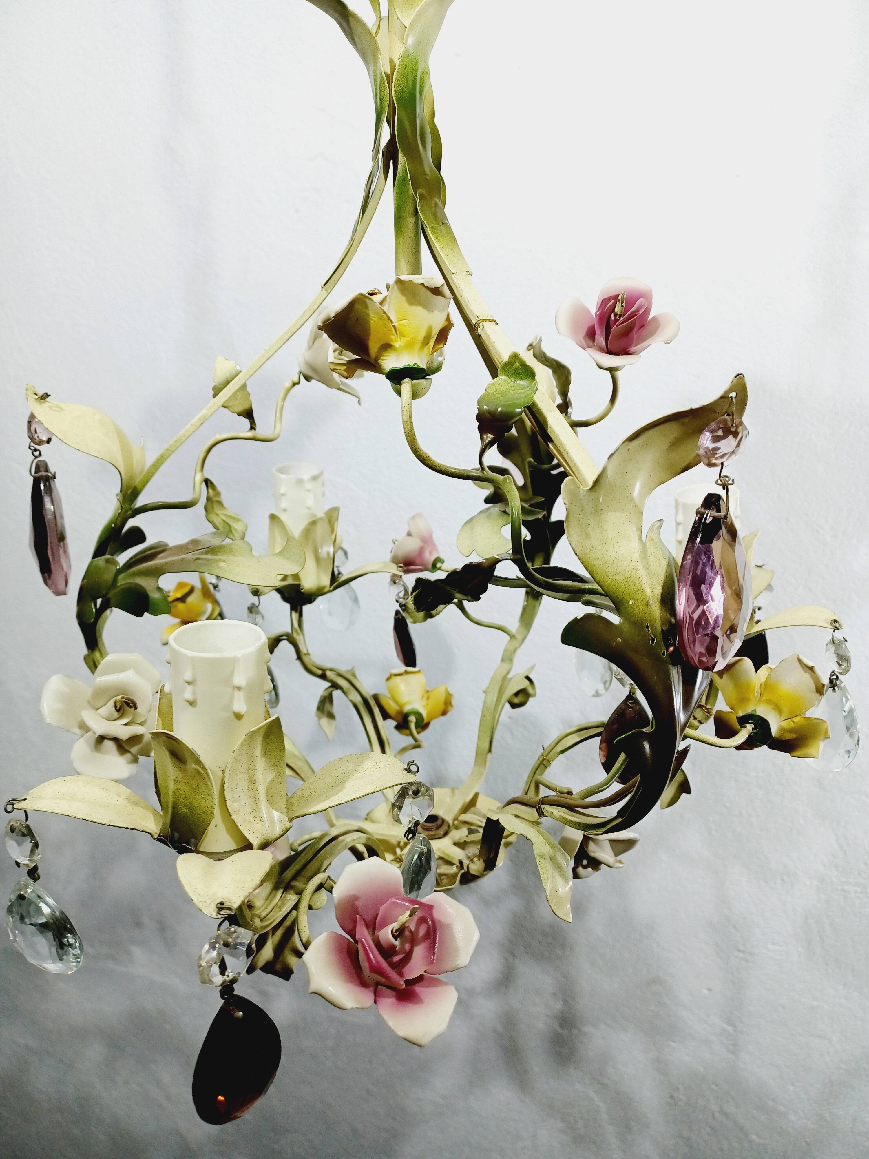 Wrought iron and porcelain chandelier