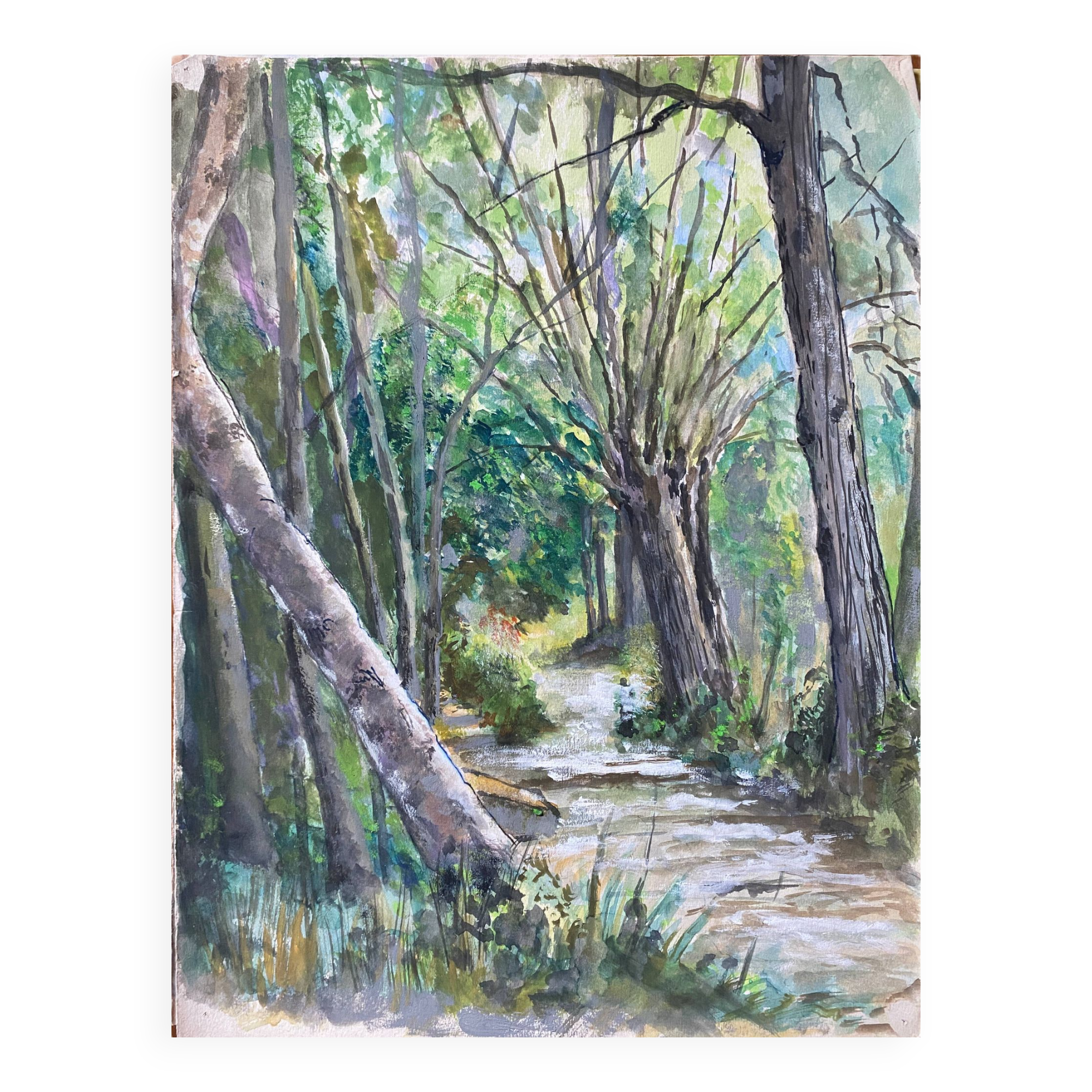 Tableau aquarelle "Sentier en forêt" école du XX° siècle