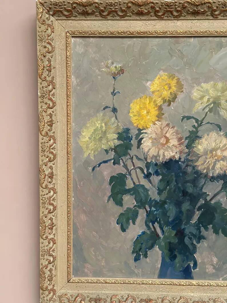 Original Swedish Oil on Panel – “Chrysanthemums” by Max Hellberg – Signed – Vintage & Framed – 68 × 58 cm (26.8" × 22.8")
