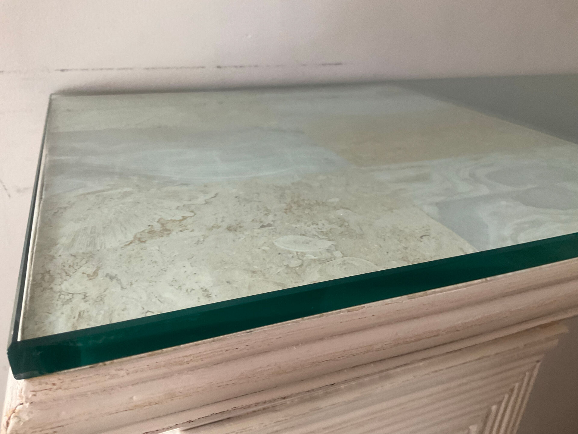 Console vintage en travertin, bois et verre