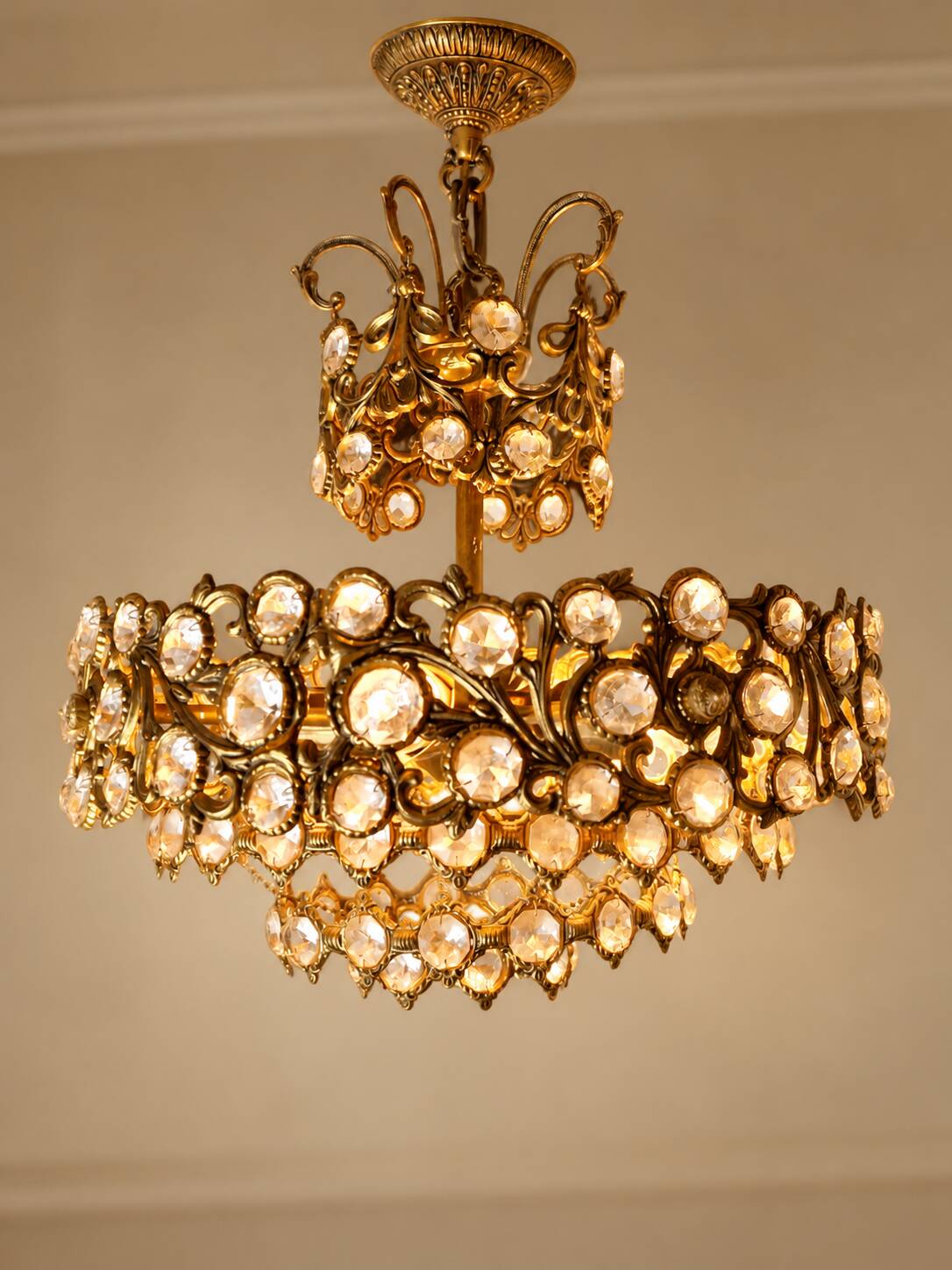 Brass and crystal chandelier plated with 24K gold PALWA, Germany, 1960s-70s.
