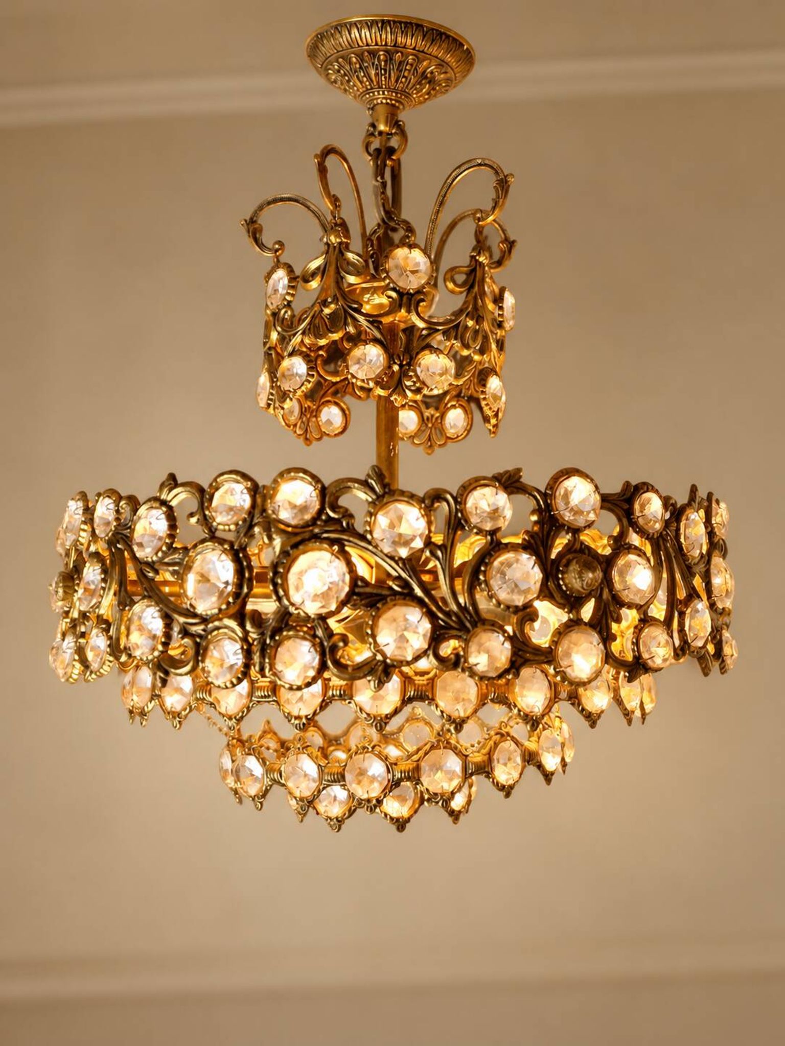 Brass and crystal chandelier plated with 24K gold PALWA, Germany, 1960s-70s.