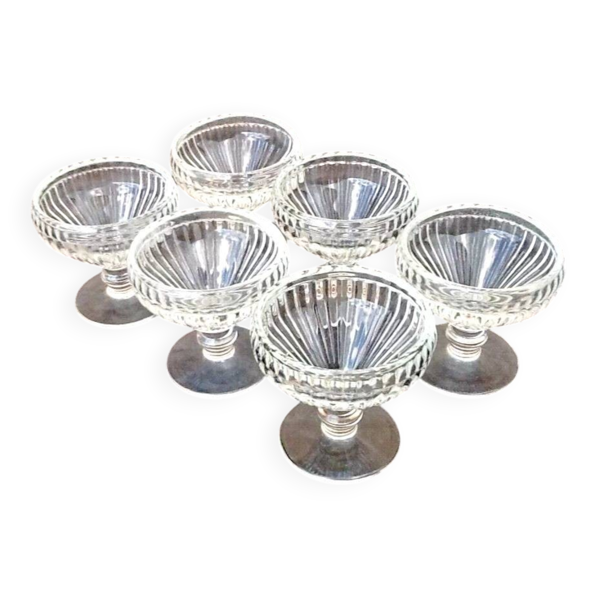 6 footed ice cream bowls, ribbed transparent glass, Made in France.