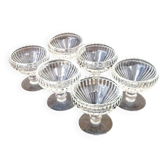 6 footed ice cream bowls, ribbed transparent glass, Made in France.