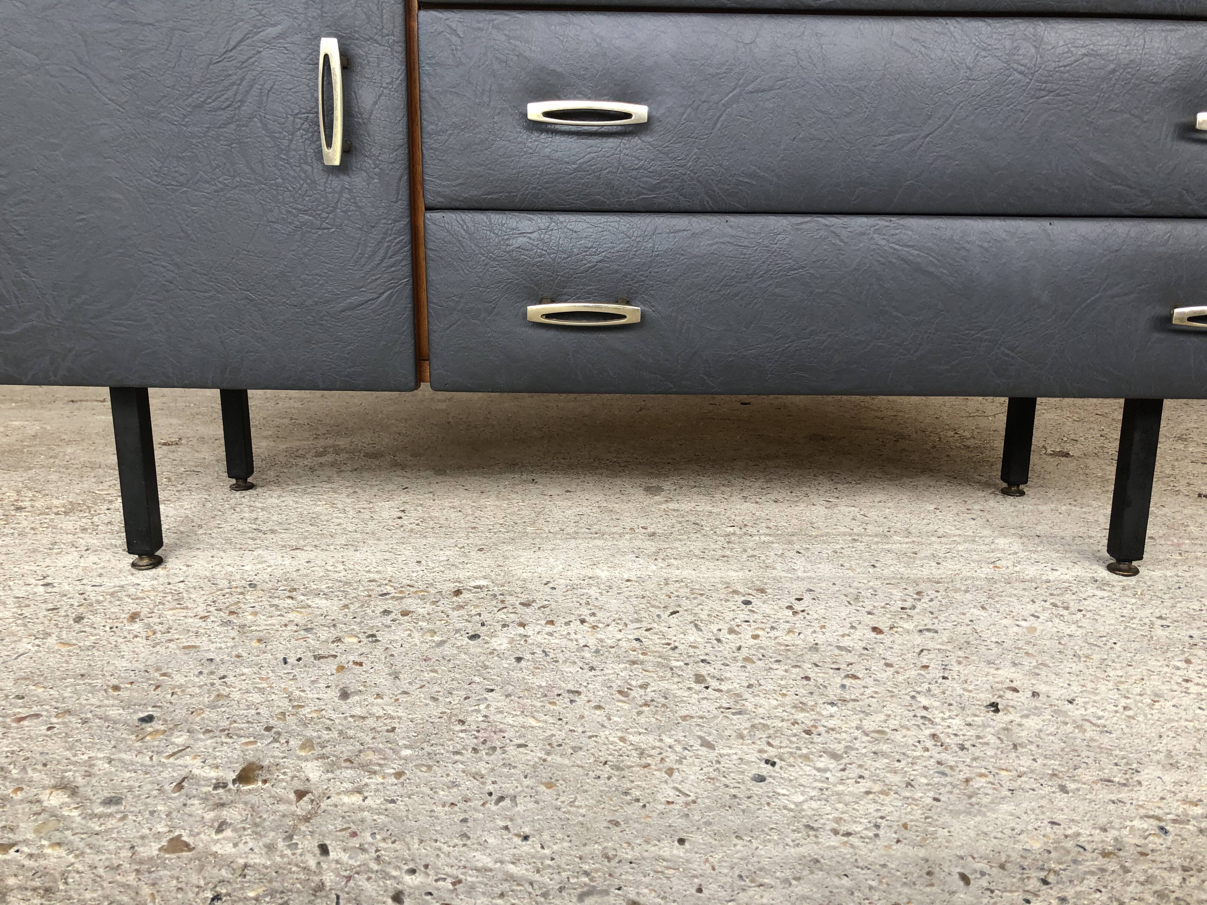Vintage modular chest of drawers in teak and grey skaï, circa 60's