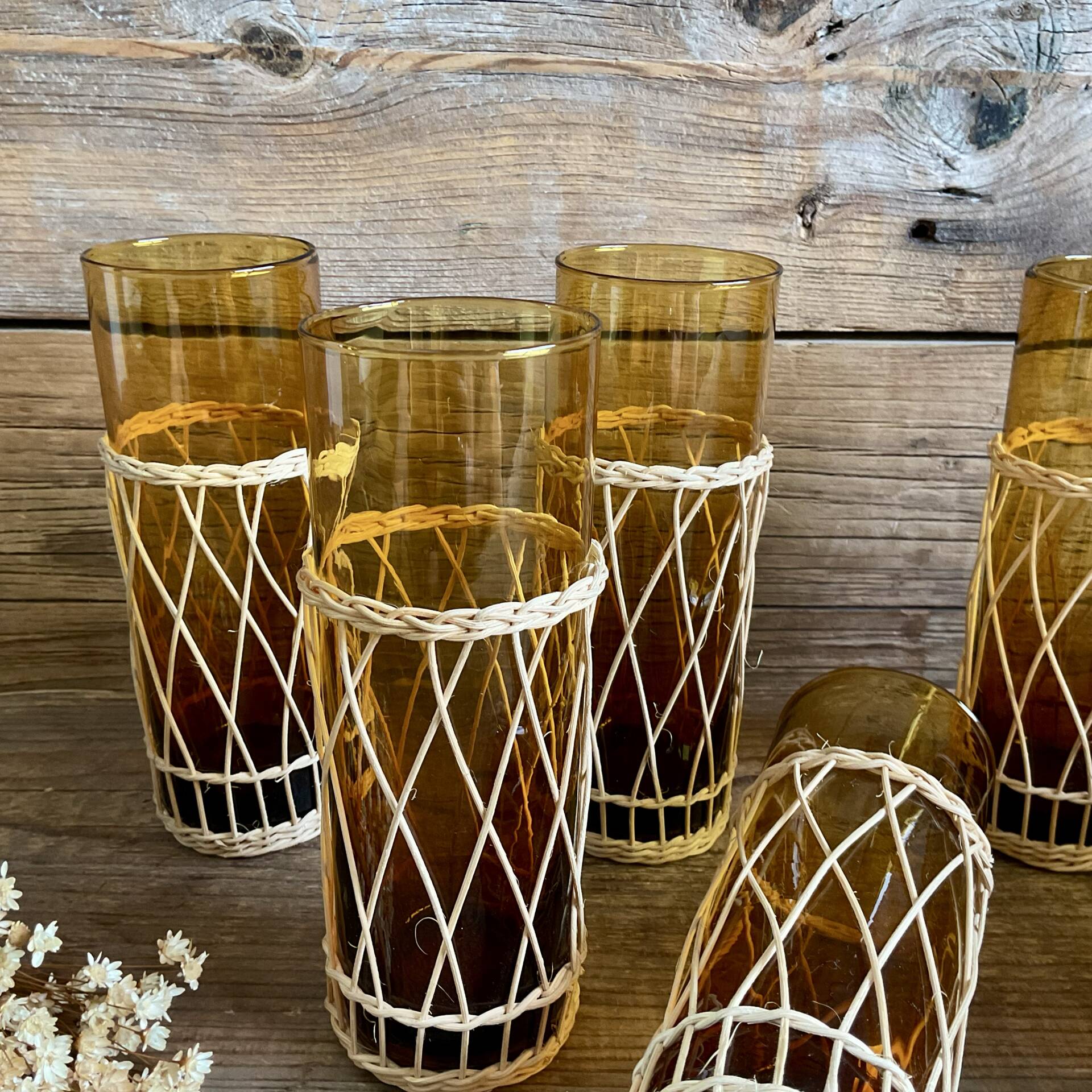 6 amber long drink glasses with wicker