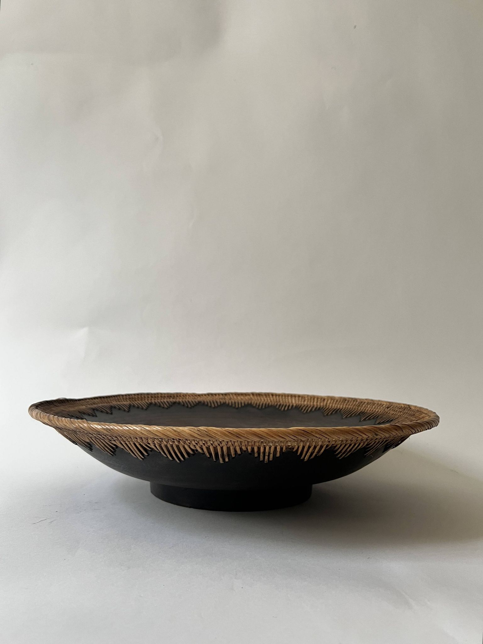 Large basket/trinket tray in blackened wood, wickerwork & mother-of-pearl