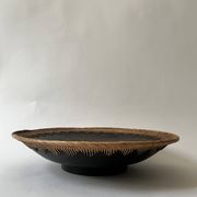 Large basket/trinket tray in blackened wood, wickerwork & mother-of-pearl