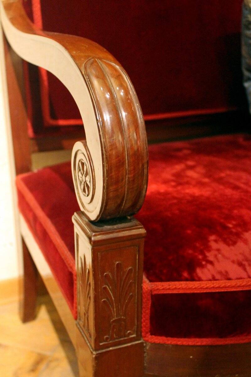 18th Century French Hand Carved Mahogany Upholstered Sofa in the style of George Jacob