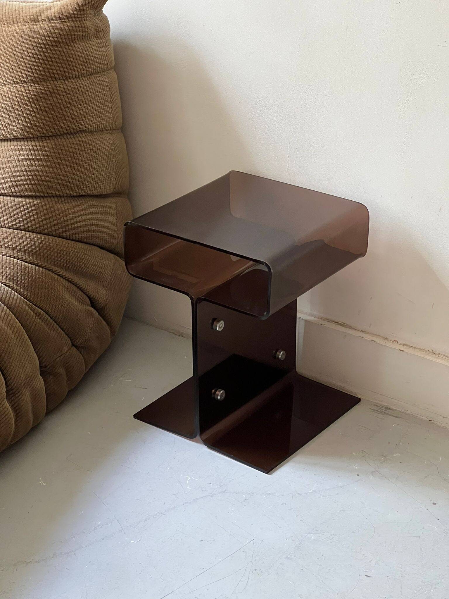 Smoked plexiglass side table/bedside table, M. Dumas for Roche Bobois 1970