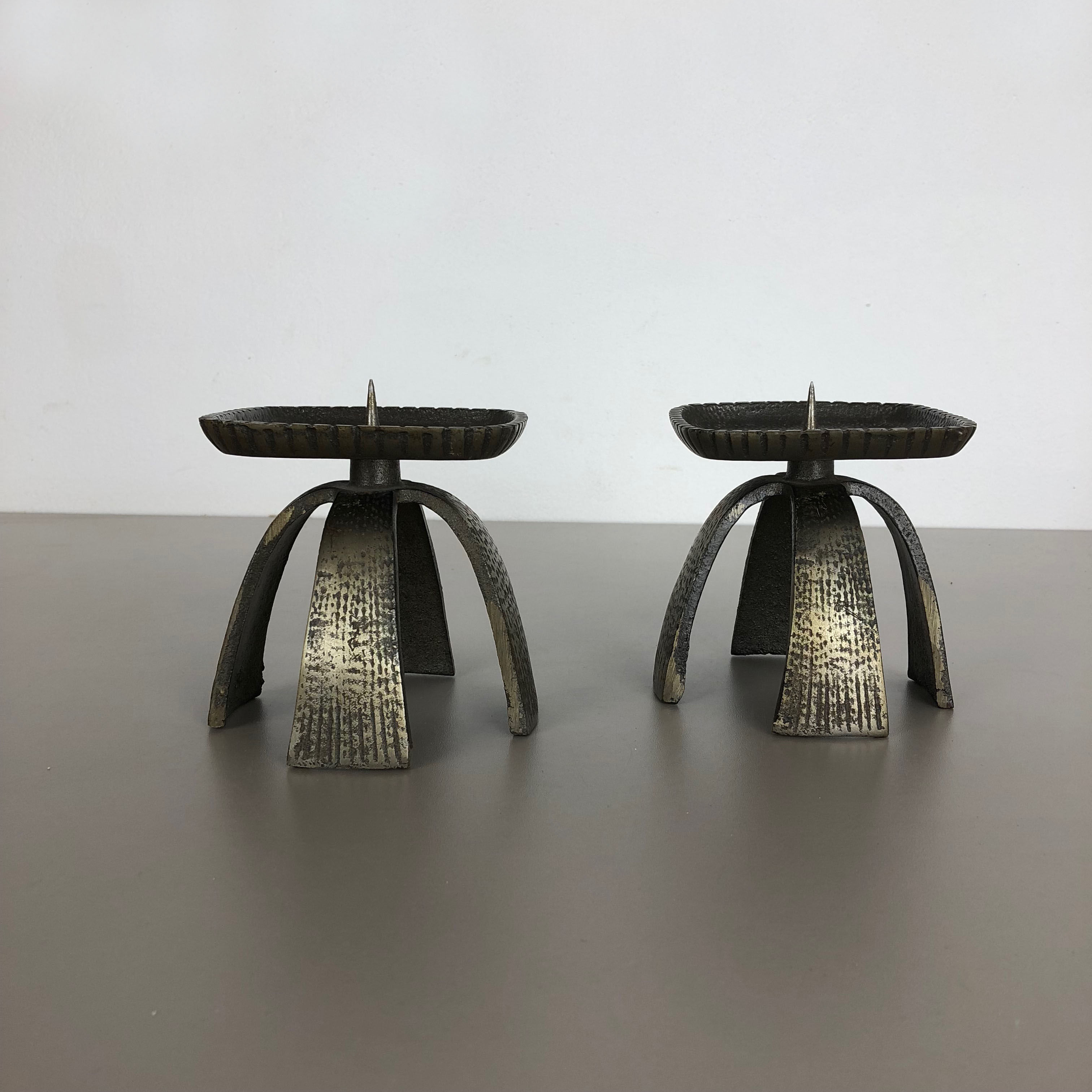 Set of 2 Modernist Vintage 1970s Sculptural Brutalist Metal Candleholder, France
