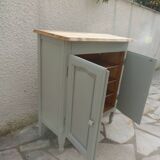 Small vintage piece of furniture with a shallow depth, re-enchanted in grey-green.