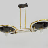 Venini-style halogen chandelier with two arms in brass, anthracite metal and glass. Eighties