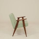 Mid-century modern armchair, oak wood, natural wool.